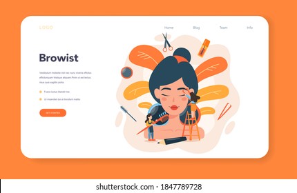 Eyebrow master and designer web banner or landing page. Master making perfect brow. Idea of beauty and fashion. Eyebrow shaping specialist. Beauty routine concept. Flat design, vector illustration