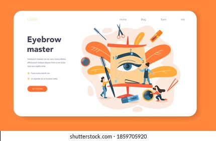 Banner web o página de inicio del maestro y diseñador de cejas. Maestro haciendo frente perfecto. Idea de belleza y moda. Especialista en formación de cejas. Concepto de rutina de belleza. Diseño plano, ilustración vectorial