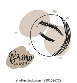 Eyebrow master, handwritten lettering, microblading, cosmetic procedure process concept and accessories, doodle