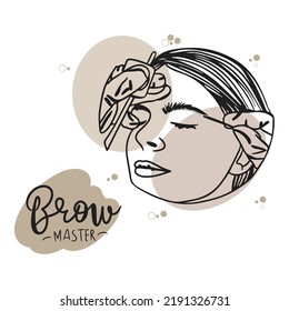 Maestro de cejas, letras manuscritas, microblando, concepto y accesorios de procedimientos cosméticos, doodle