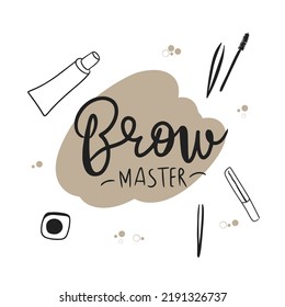 Eyebrow master, handwritten lettering, microblading, cosmetic procedure process concept and accessories, doodle