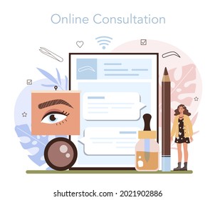 Eyebrow master online service or platform. Master making perfect eyebrows. Eyebrow shaping or correction. Online consultation. Flat vector illustration