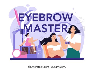 Eyebrow master typographic header. Master making perfect eyebrows. Eyebrow shaping or correction specialist. Beauty routine concept. Flat vector illustration