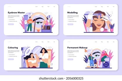 Eyebrow master web banner or landing page set. Master making perfect eyebrows. Eyebrow shaping or correction specialist. Beauty routine concept. Flat vector illustration