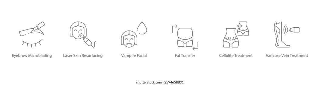 Eyebrow Microblading, Laser Skin Resurfacing, Vampire Facial, Fat Transfer, Cellulite and Varicose Vein Treatment Vector Icon Set