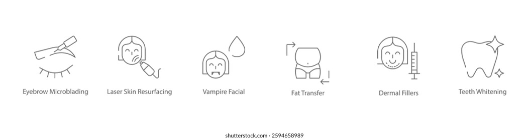 Eyebrow Microblading, Laser Skin Resurfacing, Vampire Facial, Fat Transfer, Dermal Fillers and Teeth Whitening Cosmetic Treatment Icon Set