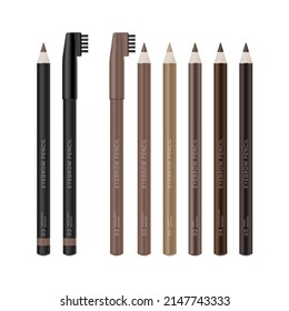 Burla de lápiz de cejas. Conjunto de lápices de frente con cepillo mezclado en estuches de madera negra y marrón. Plantilla de vector realista Eyeliner 3d. 5 colores naturales.