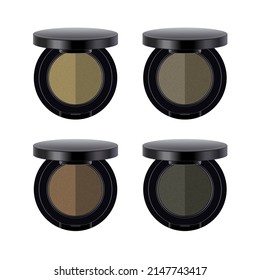 Eyebrow powder. Brow make up product set in a round black plastic packaging. Vector 3d realistic mock up template of pressed powder paint. Eyeshadow palette. Top view.