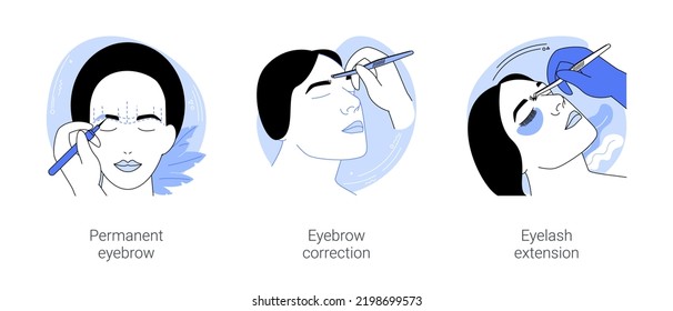 Eyebrow salon isolated cartoon vector illustrations set. Brow specialist making permanent eyebrow correction to client, professional eyelash extension procedure, beauty salon vector cartoon.