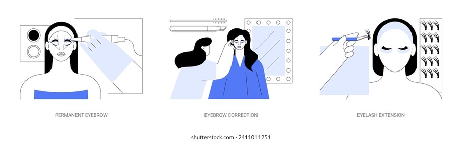 Salón de cejas aisladas ilustraciones vectoriales de dibujos animados conjunto. Especialista en cejas haciendo corrección permanente de cejas al cliente, procedimiento profesional de extensión de pestañas, salón de belleza cartoon vectorial.