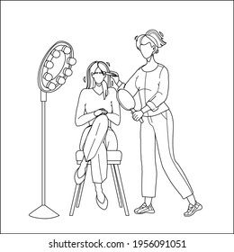 Eyebrow Salon Service Getting Girl Client Black Line Pencil Drawing Vector. Beauty Master Make Young Woman Eyebrow Correction Makeup, Cosmetology Treatment. Characters Specialist And Customer 