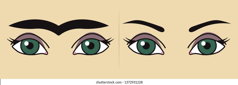 Eyebrow shaping before and after, perfect eyebrows, aesthetic cosmetology. Vector flat illustration