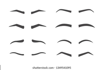 Eyebrow shaping. Makeup tips of eyebrow. Isolated set of different shapes thick arch, angle and thin eyebrow on white background.