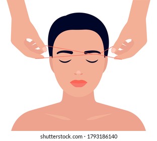 Eyebrow shaping with thread. Removing excess facial hair. Woman's face and hands with thread. Hair removal procedure, threading. Vector illustration