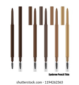 Eyebrow slim retractable pencil mockup. Set of make up brow pencils with blending brush in brown plastic cases. 3d realistic vector packaging template. Eyeliner set in 5 natural colors.