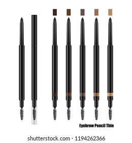 Eyebrow slim retractable pencil mockup. Set of brow pencils with blending brush in black plastic cases. Eyeliner 3d realistic vector template. 5 natural colors set.