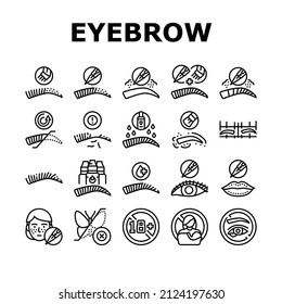 Eyebrow Tattoo Beauty Procedure Icons Set Vector. Eyebrow Tattoo And Correction, Nano And Ombre Brows Line. Prepare For Treatment And Eyeliner, Cosmetology Salon Service Black Contour Illustrations