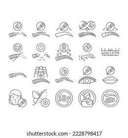 Eyebrow Tattoo Beauty Procedure Icons Set Vector. Eyebrow Tattoo And Correction, Nano And Ombre Brows Line. Prepare For Treatment And Eyeliner, Cosmetology Salon Service Black Contour Illustrations