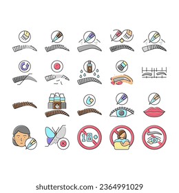 Eyebrow Tattoo Beauty Procedure Icons Set Vector. Eyebrow Tattoo And Correction, Nano And Ombre Brows Line. Prepare For Treatment And Eyeliner, Cosmetology Salon Service Color Illustrations