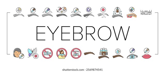 Eyebrow Tattoo Beauty Procedure Icons Set Vector. Eyebrow Tattoo And Correction, Nano And Ombre Brows Line. Prepare For Treatment And Eyeliner, Cosmetology Salon Service Color Illustrations