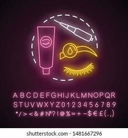 Eyebrow tattoo neon light concept icon. Eye brows and eyelashes correction, tinting, permanent makeup idea. Microblading. Glowing sign with alphabet, numbers and symbols. Vector isolated illustration