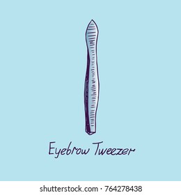 Eyebrow tweezer, hand drawn doodle sketch with inscription, isolated vector color illustration