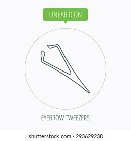 Eyebrow tweezers icon. Cosmetic equipment sign. Aesthetic beauty symbol. Linear outline circle button. Vector