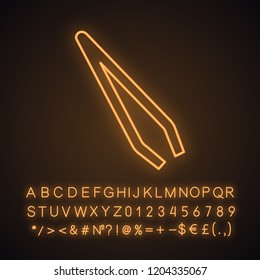 Eyebrow tweezers neon light icon. Cosmetic tweezers. Hair removal tool. Glowing sign with alphabet, numbers and symbols. Vector isolated illustration