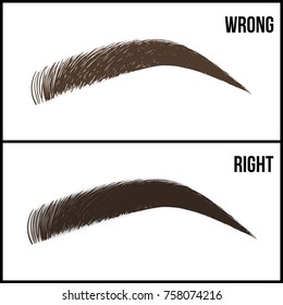 Eyebrows design and eyelashes extension. Set of well-groomed and shaggy eyebrows. Wrong and right the care of eyebrow coloring and eyebrows shapes. Vector illustration