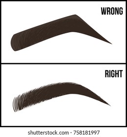Eyebrows design and eyelashes extension. Set of well-groomed and shaggy eyebrows. Wrong and right the care of eyebrow coloring and eyebrows shapes. Vector illustration