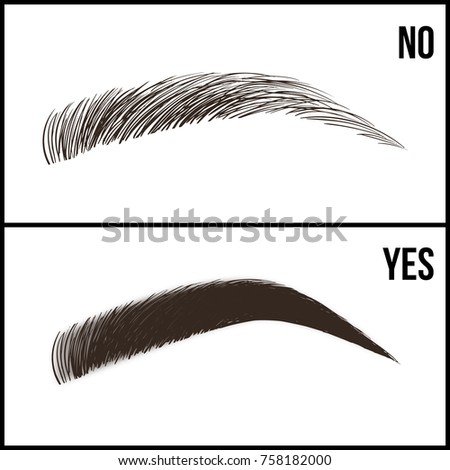 Eyebrows design. Set of well-groomed and shaggy eyebrows. No and yes the care of eyebrow coloring and eyebrows shapes. Vector illustration