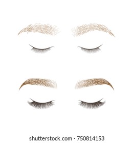 Eyebrows desing and eyelashes extension. Set of well-groomed and shaggy eyebrows. Before and after the care. Closed eyes with long eyelashes. Vector illustration