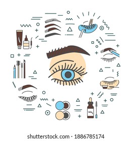 Eyebrows and eyelashes service web banner. Infographics with linear icons on white background. Creative idea concept. Isolated outline color illustration