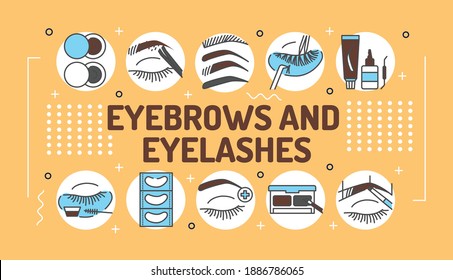 Eyebrows and eyelashes service word lettering typography. Infographics with linear icons on beige background. Creative idea concept. Isolated outline color illustration.