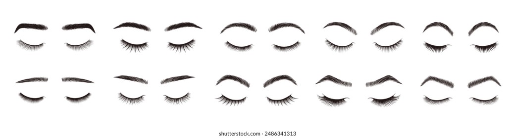 Eyebrows and eyelashes styles. Beauty eyebrow shapes and eyelash designs, natural eye makeup look. Realistic closed eyes with lashes and brow styling vector set. Fashion glamour salon elements.