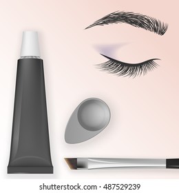 Eyebrows and eyelashes tint with Cosmetic dish for mixing and brush. Closed eye