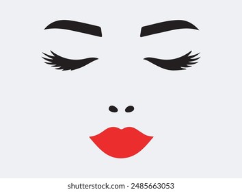 Eyebrows with red lips icon. Woman face logo design. Vector illustration.