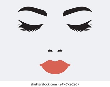  Eyebrows with red lips icon. Woman face logo design. Vector illustration.