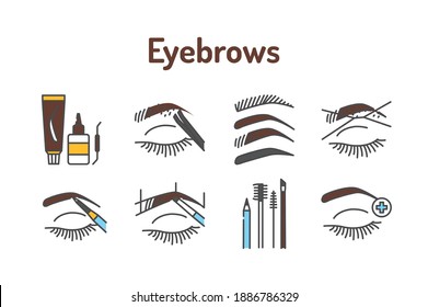 Eyebrows service color line icons set. Pictograms for web page, mobile app, promo.