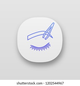 Eyebrows shaping app icon. Brows correction. Eyebrows tweezing. Brows plucking. Cosmetic tweezer. UI/UX user interface. Web or mobile application. Vector isolated illustration