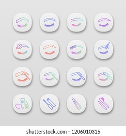 Eyebrows shaping app icons set. UI/UX user interface. Brows microblading and tattoo procedure. Eyebrows permanent makeup. Brows tinting. Web or mobile applications. Vector isolated illustrations