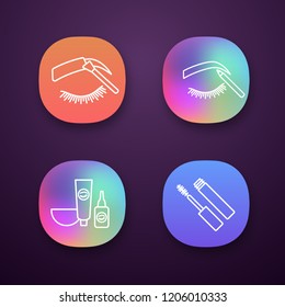 Eyebrows shaping app icons set. Brows tinting and contouring with pencil, eyebrows and eyelash dye kit, mascara. UI/UX user interface. Web or mobile applications. Vector isolated illustrations
