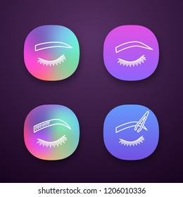 Eyebrows shaping app icons set. Straight and soft arched eyebrows shape, brows microblading, tweezing. UI/UX user interface. Web or mobile applications. Vector isolated illustrations