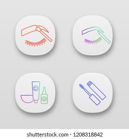 Eyebrows shaping app icons set. Brows tinting and contouring with pencil, eyebrows and eyelash dye kit, mascara. UI/UX user interface. Web or mobile applications. Vector isolated illustrations