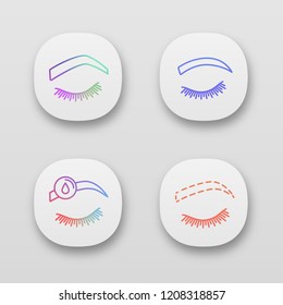 Eyebrows shaping app icons set. UI/UX user interface. Steep arched and rounded eyebrows, makeup removal, brows contouring. Web or mobile applications. Vector isolated illustrations
