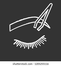 Eyebrows shaping chalk icon. Brows correction. Eyebrows tweezing. Brows plucking. Cosmetic tweezer. Isolated vector chalkboard illustration