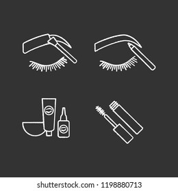 Eyebrows shaping chalk icons set. Brows tinting and contouring with pencil, eyebrows and eyelash dye kit, mascara. Isolated vector chalkboard illustrations