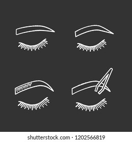 Eyebrows shaping chalk icons set. Straight and soft arched eyebrows shape, brows microblading, tweezing. Isolated vector chalkboard illustrations