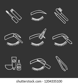 Eyebrows shaping chalk icons set. Dye kit, arched brows, tweezer, microblading, mascara, eyebrow tinting and contouring with pencil and brush. Isolated vector chalkboard illustrations
