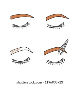 Eyebrows shaping color icons set. Straight and soft arched eyebrows shape, brows microblading, tweezing. Isolated vector illustrations